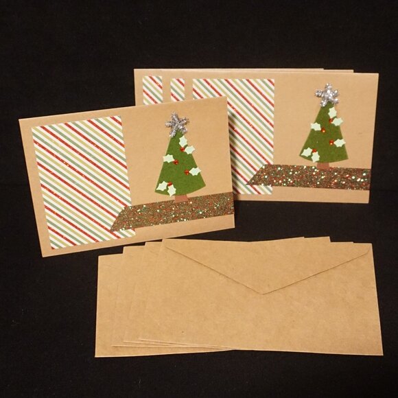 Set of 4 Kraft Holiday Christmas Handmade Greeting Cards with 3D Flocked Tree - Picture 1 of 3